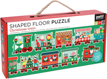 Petit Collage: Christmas Train Shaped Floor Puzzle - Giant 6ft Long 30-Piece Holiday Floor Jigsaw for Toddlers 3+ – Chunky Pieces with Box Handle – Eco-Friendly Seek-and-Find Gift for The Holidays