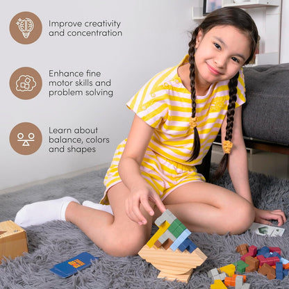 Tower Stack Game - 32PCS Wooden Balance Game with Building Blocks & Cards - Durable Tetra Tower Stacking for Kids & Adults - Fun 1+ Player Balance Stacking Games.