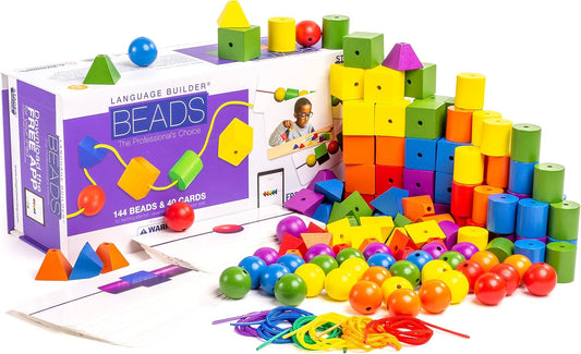 Stages Learning Language Builder Stringing Beads Kit Curriculum for Autism & Preschool 144 Wood Beads and 40 Patterning Flashcards, Home Set