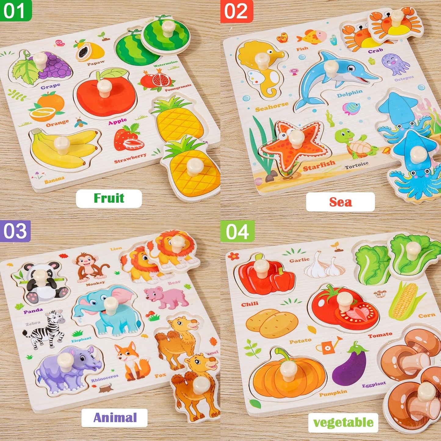 8Pcs Wooden Puzzle for Toddler 1-3, Peg Puzzles for Toddler 2-4, Montessori Learning Toys with Animals, Dinosaur, Fruits & More, Preschool Puzzle Set Educational Toys Toddler Gifts for Girls Boys