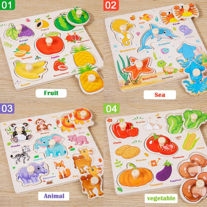 8Pcs Wooden Puzzle for Toddler 1-3, Peg Puzzles for Toddler 2-4, Montessori Learning Toys with Animals, Dinosaur, Fruits & More, Preschool Puzzle Set Educational Toys Toddler Gifts for Girls Boys