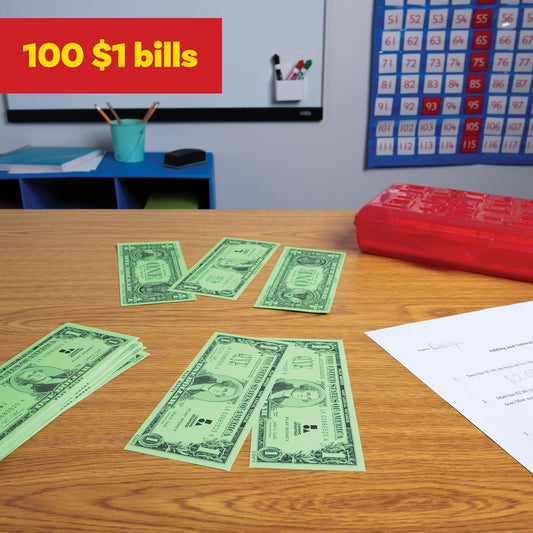 LEARNING ADVANTAGE One Dollar Play Bills | Set of 100 | Sized Like Real Cash | Play Money for Teaching Currency and counting