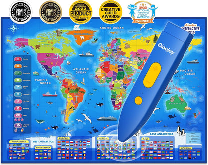Qiaojoy Bilingual Interactive World Map for Kids Learning and Educational Toys, Talking Electronic Kids World Map i-Poster Geography Games Ages 3 to 12 Years Old, Custom Talking Birthday Gifts Card