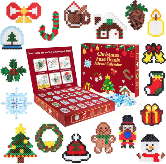 Rocollos Fuse Beads Pegboards Kit - Advent Calendar with 24 Element Designs & Ironing Paper for Kids, Girls, Family Craft Activities