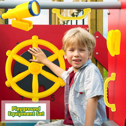 5 Pcs Kids Playground Accessories for Kids Outdoor Plastic Steering Wheel Swingset Phone Pirate Telescope Telephone Safety Handle for Child Backyard Tree House Playhouse Jungle Gym (Yellow Set 1)