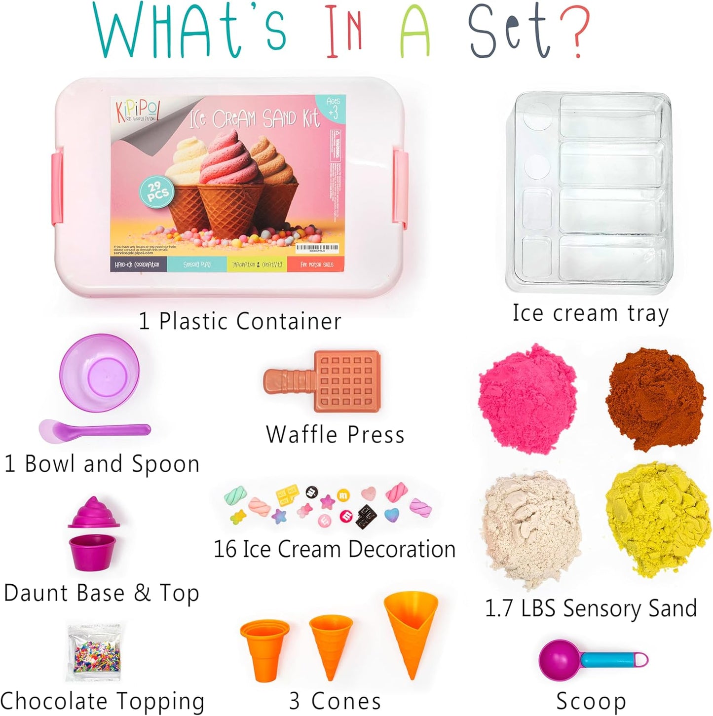Kipipol Sensory bin - 29 pcs Ice Cream Toy Shop Play Sand Kit with 9 Ice Cream Sand Toys, 1.7 LB Moon Sand for Kids, Sandbox with A Lid - Pretend Play Sensory Toys for Girls and Boys Age 3-5 and Up