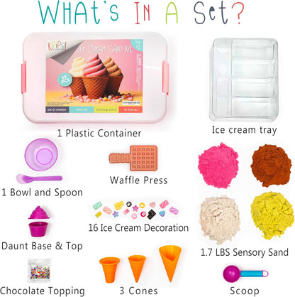 Kipipol Sensory bin - 29 pcs Ice Cream Toy Shop Play Sand Kit with 9 Ice Cream Sand Toys, 1.7 LB Moon Sand for Kids, Sandbox with A Lid - Pretend Play Sensory Toys for Girls and Boys Age 3-5 and Up