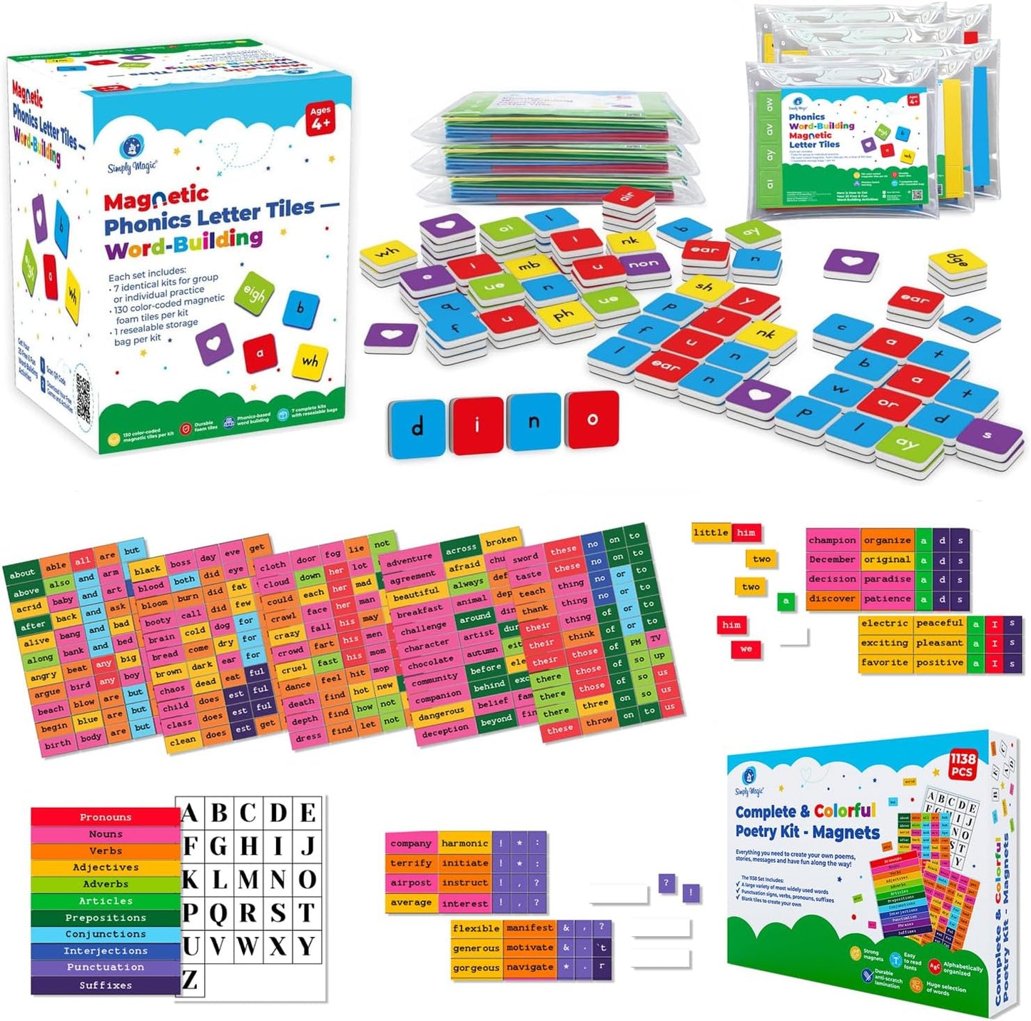 Simply Magic 910 PCS Magnetic Phonics Tiles Set & 1138 PCS Colorful Poetry Magnets Kit