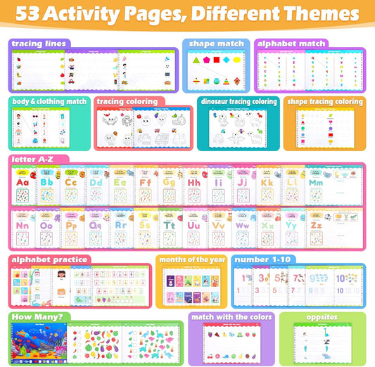 Thboxes Preschool Busy Book for Kids Ages 3-5 - 53 Pages Reusable Tracing Activity Coloring Book with Writing Practice, Educational Toys Gift, Autism Sensory Travel Activity Book for Toddlers