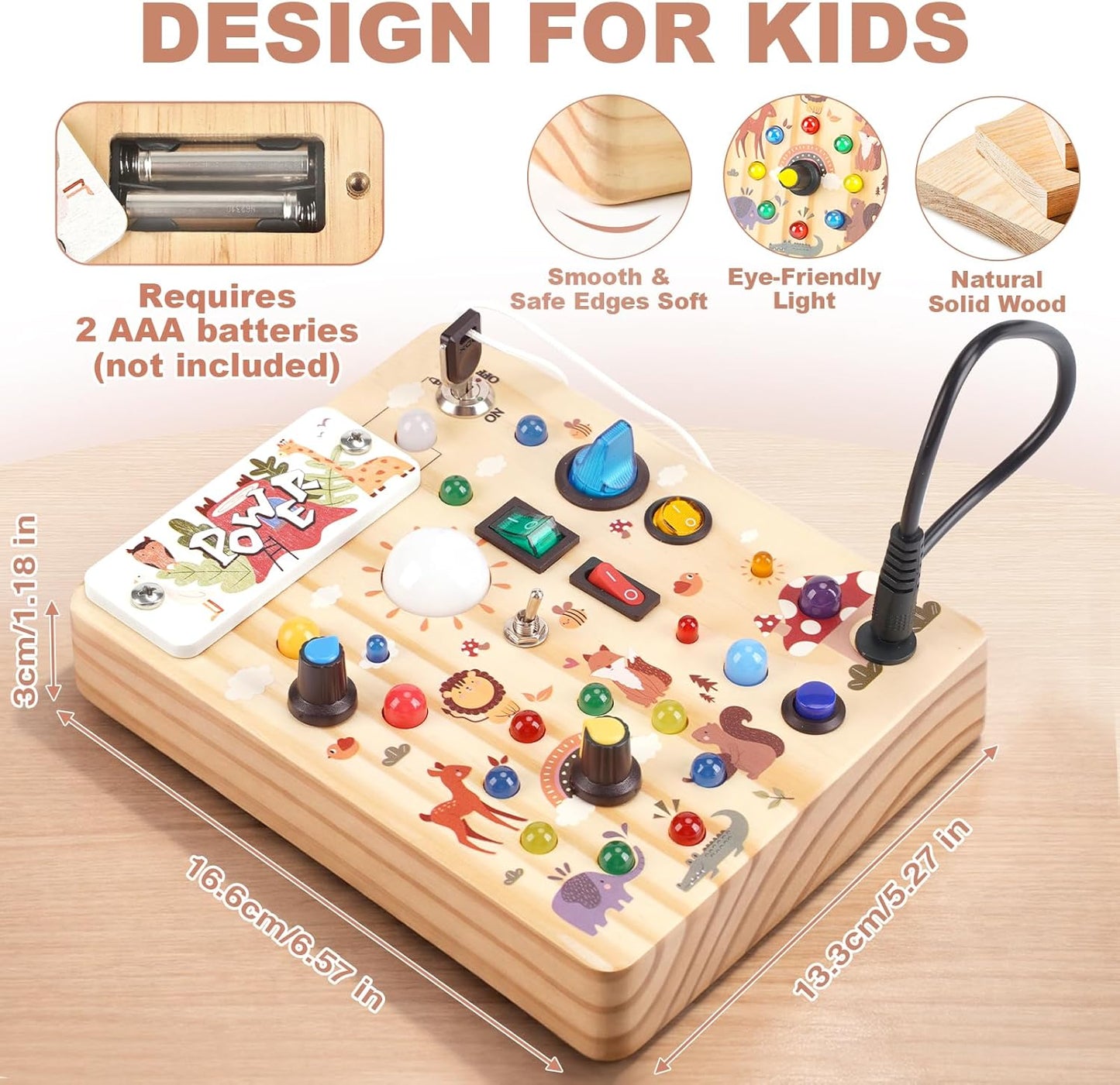 LED Busy Board for Toddlers - Montessori Sensory Toy with 10 Switches & 19 Lights, Wooden Activity Board for Fine Motor Skills, Ideal Educational Birthday Travel Toy Gift for 1 2 3 Year Old Boys Girls