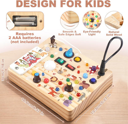 LED Busy Board for Toddlers - Montessori Sensory Toy with 10 Switches & 19 Lights, Wooden Activity Board for Fine Motor Skills, Ideal Educational Birthday Travel Toy Gift for 1 2 3 Year Old Boys Girls