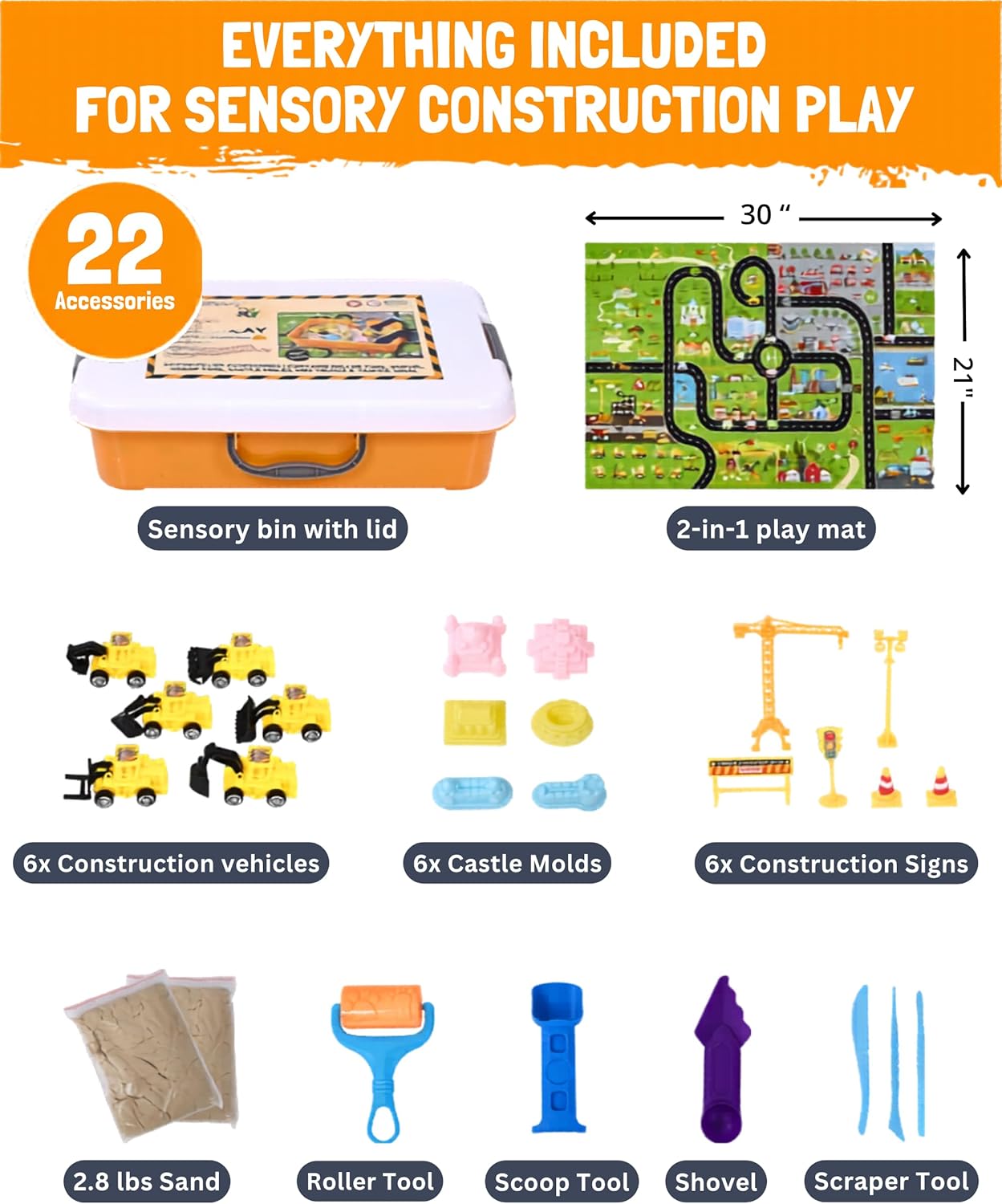 Construction Sensory Bin for Toddlers with 2-in-1 Play Mat & 2.8lbs Moldable Sand, Kids Sensory Bin with Lid & Handle, Toddler Sensory Kit Boys & Girls, Learning Activity, Gift Ages 3+
