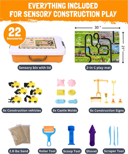 Construction Sensory Bin for Toddlers with 2-in-1 Play Mat & 2.8lbs Moldable Sand, Kids Sensory Bin with Lid & Handle, Toddler Sensory Kit Boys & Girls, Learning Activity, Gift Ages 3+