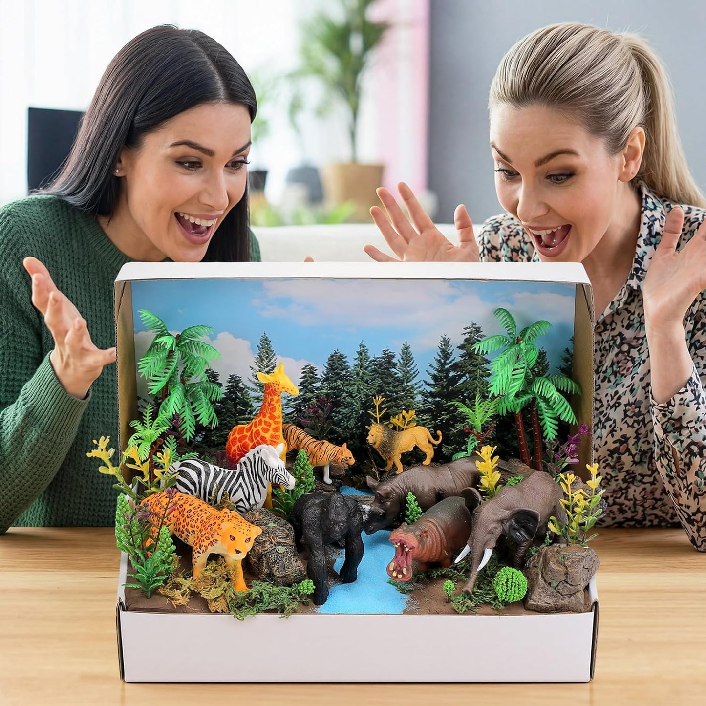 Teyva Daily 48 Pcs Dinosaur Diorama Kit Habitat Project Box Set 3D Dinosaurs Diorama Supplies Include Dinosaurs Model Figures & Eggs Volcano Artificial Trees with Cardboard for DIY Crafts Gifts