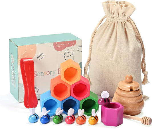 Sorting Stacking Wooden Toys for Toddlers, Montessori Toys for Toddlers, Sensory Bin Tool Toy, Wood Bee Hive, Fine Motor Skill Tactile Toy, Early Learning Educational Gift for Kids