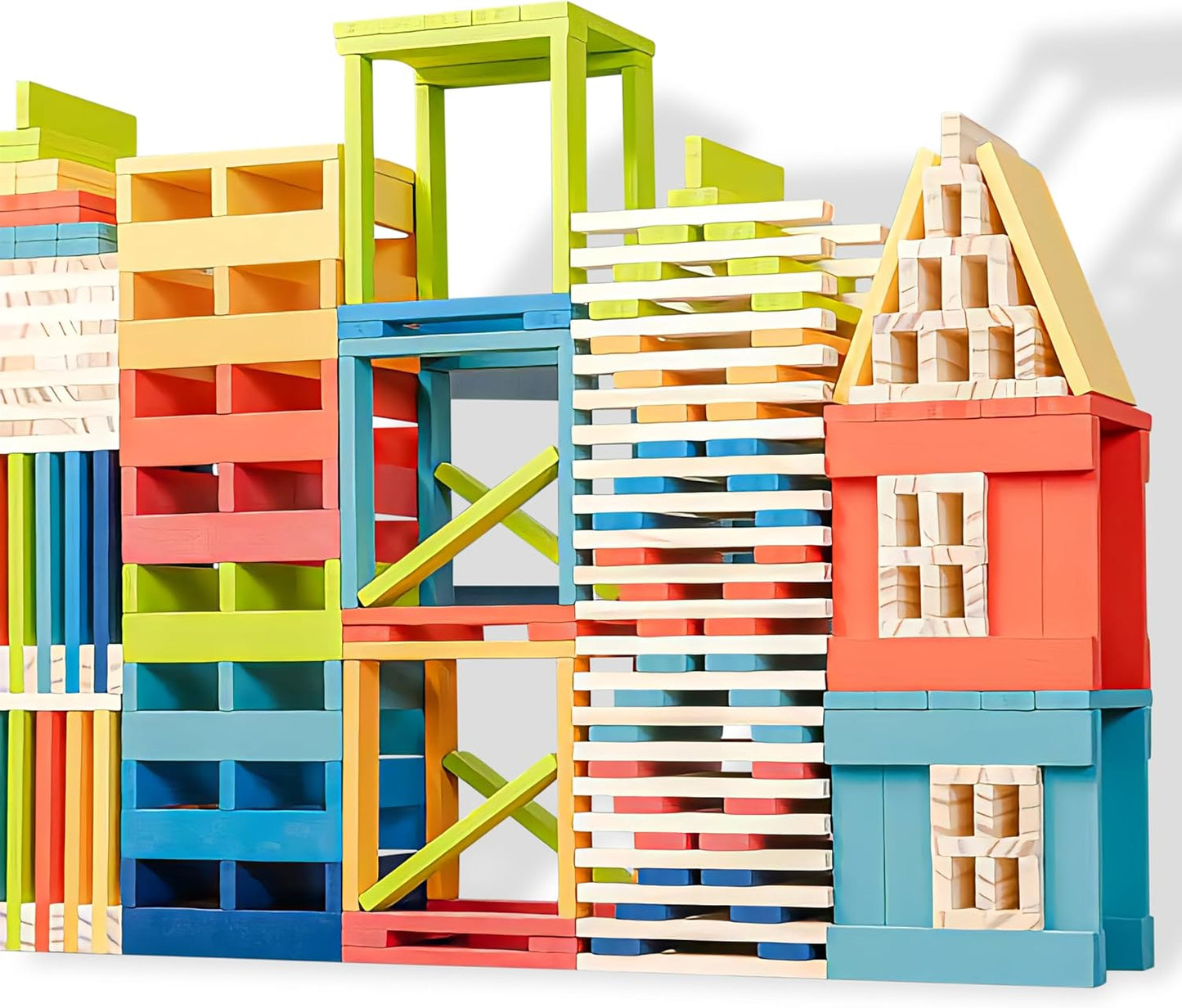 Premium 300 Pcs Natural Wooden Building Blocks for Kids Ages 3-12,Pine STEM Construction Toy - Open-Ended Classic Building Blocks Set for Castles, Bridges & Towers, Educational Learning Gift (4.7 in)