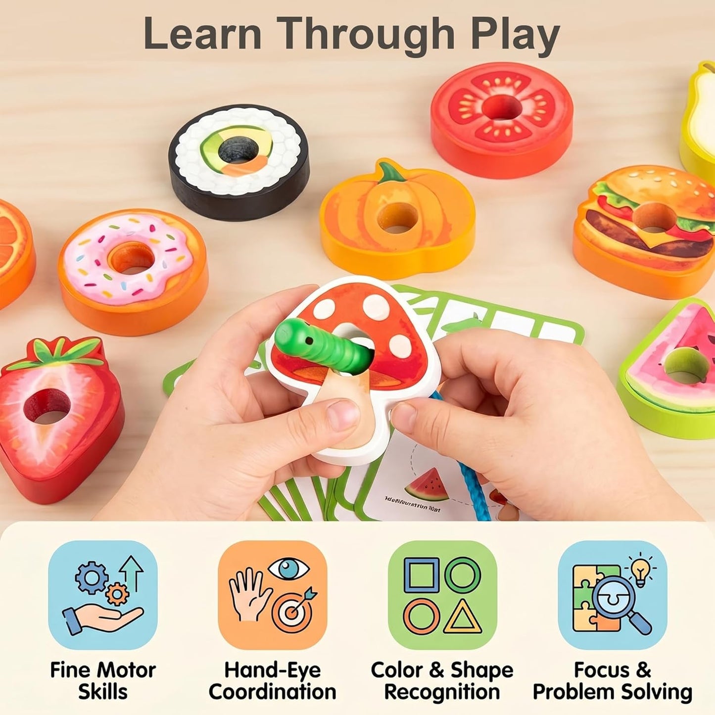 Wooden Caterpillar Lacing Toy, 10 Fruit and Vegetable Threading Beads with 10 Double-Sided Pattern Cards, Montessori Fine Motor Toy for Toddlers 3+ Preschool Learning Gift