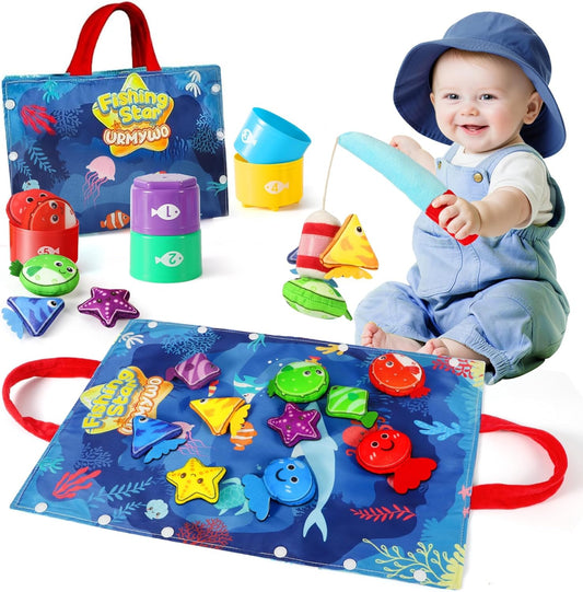 Montessori Toys for 1 Year Old Boy Girl Birthday Gift, 17 in 1 Cloth Fishing Game with Stacking Cups, Color Sorting, Shape Matching, Early Learning, Toddler Toys Gifts for 1 2 Years Old Boy Girl