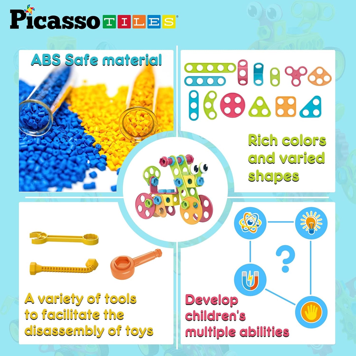 PicassoTiles 152pc STEM Construction Toy Building Set for Kids Ages 3+ Includes Power Drill, Ratchet, Idea Book, Storage Box Educational Engineering Science Kit & Sensory Toys for Boys & Girls PTN152