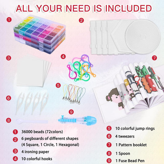 QUEFE Fuse Beads Kit 15000 Pcs 72 Colors 5mm Beads Craft Kit Including Pegboard, Melting Beads, Ironing Paper, Tweezers & Colorful Hooks, Christmas Home School Arts and Crafts Supplies for Girls