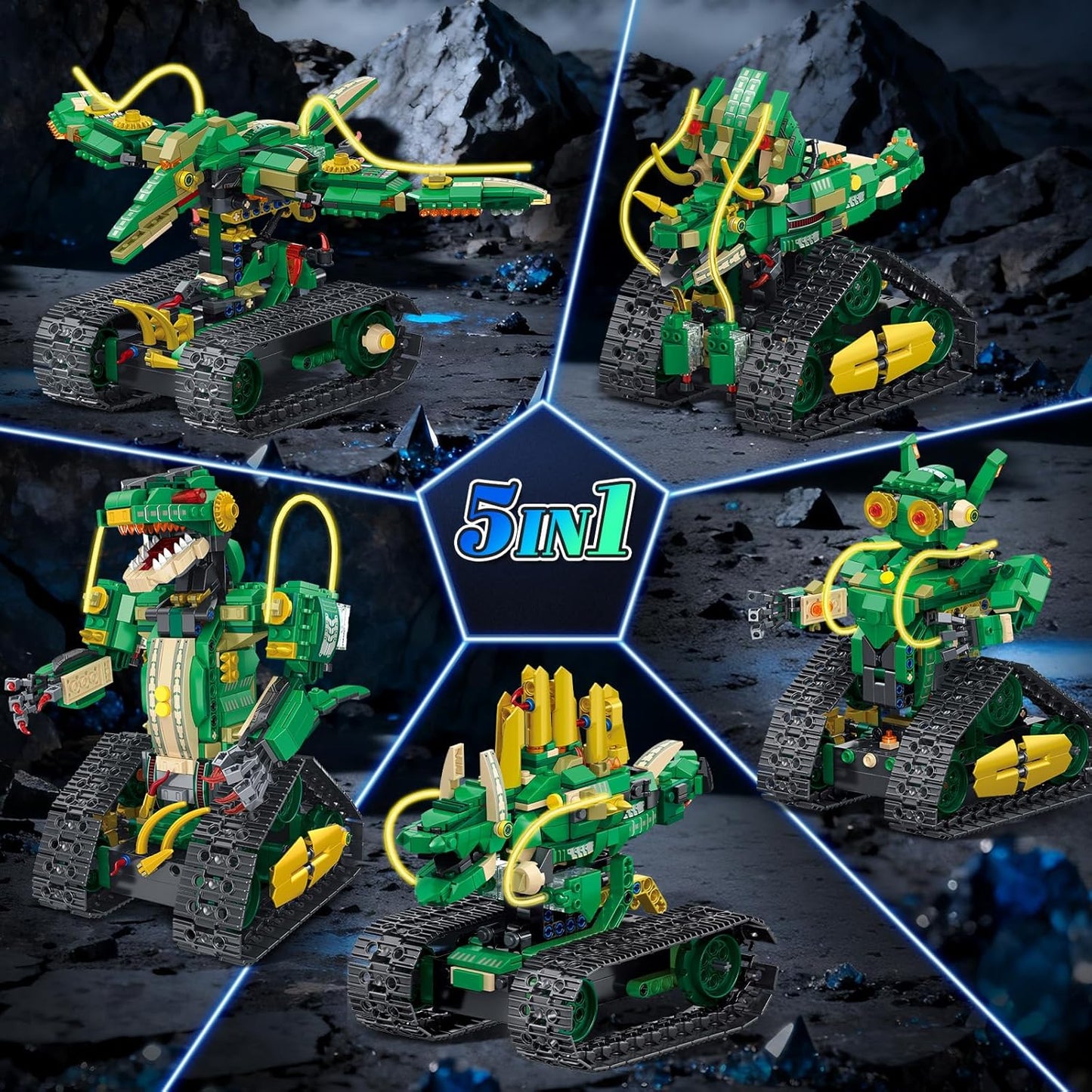 HiWEEGO RC Dinosaur Building Toy with Light, 5 in 1 Remote Controll Building Block Kit, 877 PCS Tech Rechargeable Dinosaur Robot Toys Easter Birthday for Kids Boys Age 8 9 10 11 12+