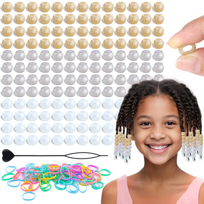150Pcs 10mm Small Silicone Beads for Hair Braids, Soft Jellyish Pony Hair Beads with 5mm Hole + 50 Rubber Bands and 1 Beader for Braiding, DIY Bracelets Necklaces Crafts (Pink)
