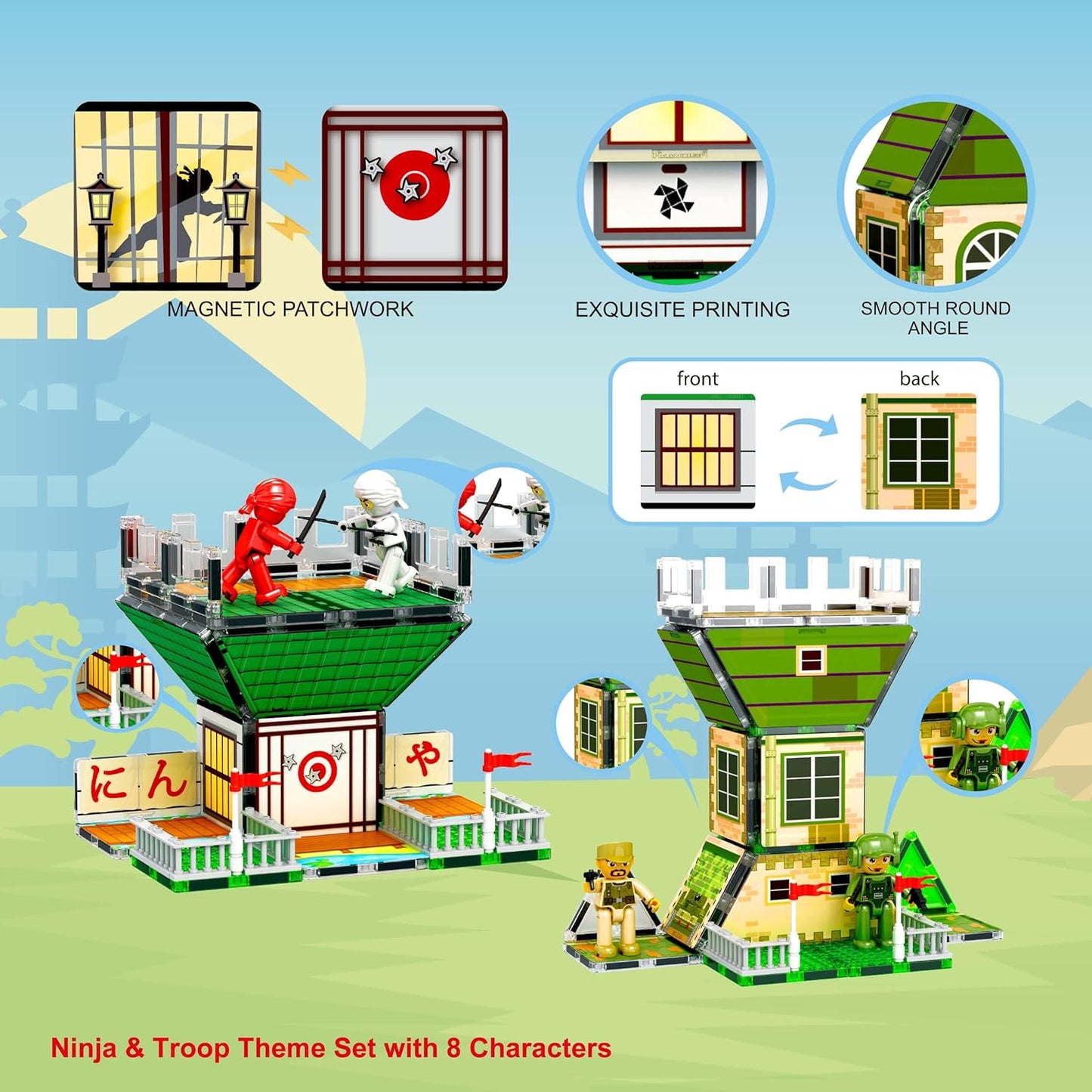 PicassoTiles 60pc Magnetic Tile Princess Castle Building Set with Double Sided Printed Tiles 2 Character Figures STEM Educational Toy Kit for Kids Pretend Play Montessori Learning Ages 3 to 8 PTQ04