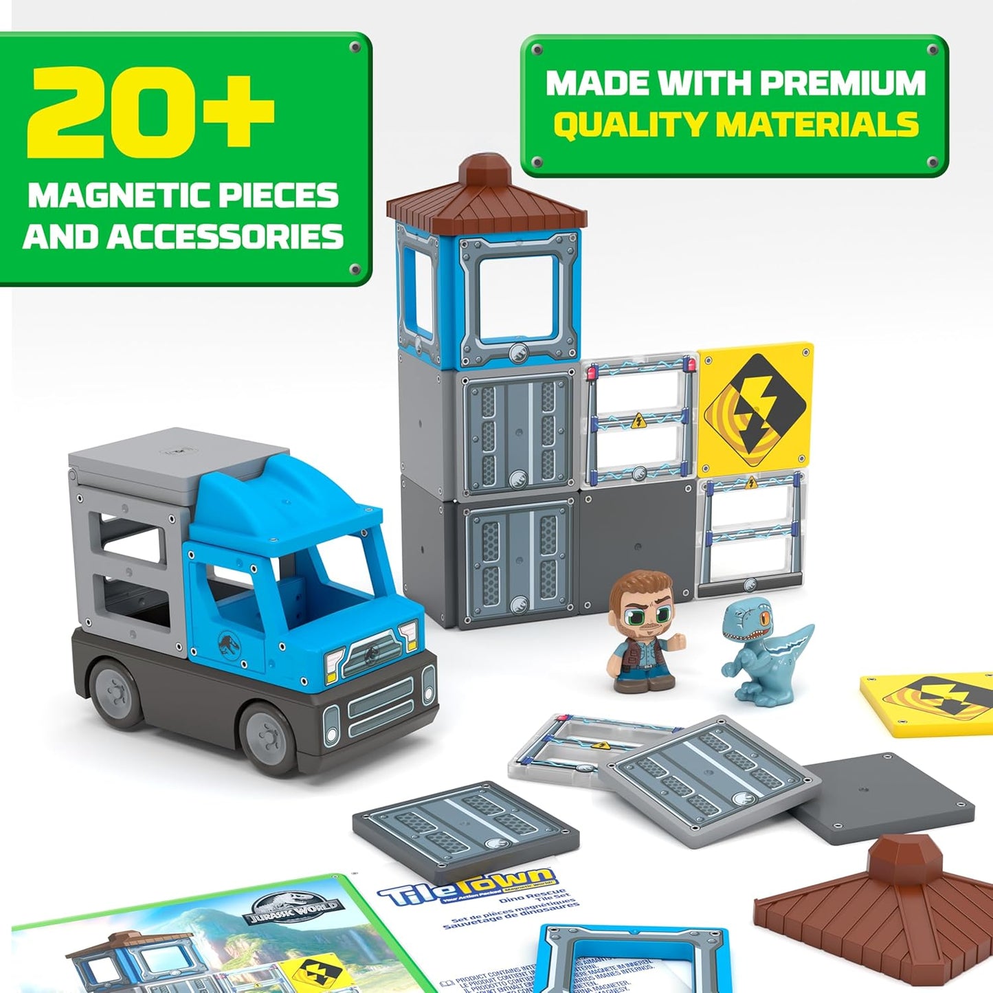 Tile Town Jurassic World Gate Escape Magnetic Tiles Set, 84 Piece Interactive Dinosaur STEM Toys Playset, Magnetic Animal Tiles for Kids Ages 3-6