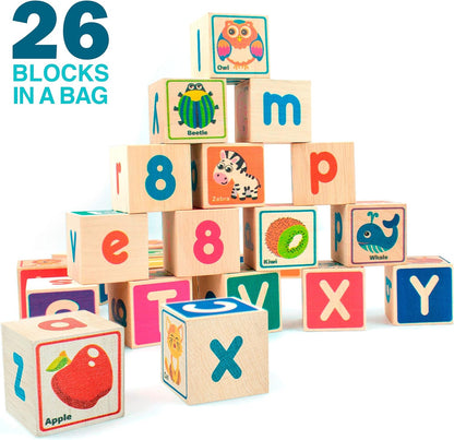 QUOKKA Montessori Wooden Blocks for Toddlers 1-3 - 35 Realistic ABC Learning Baby Blocks for Kids 3-5 Year Olds - Stacking Alphabet Wood Toys for 2-4 yo - Learn Letters Numbers