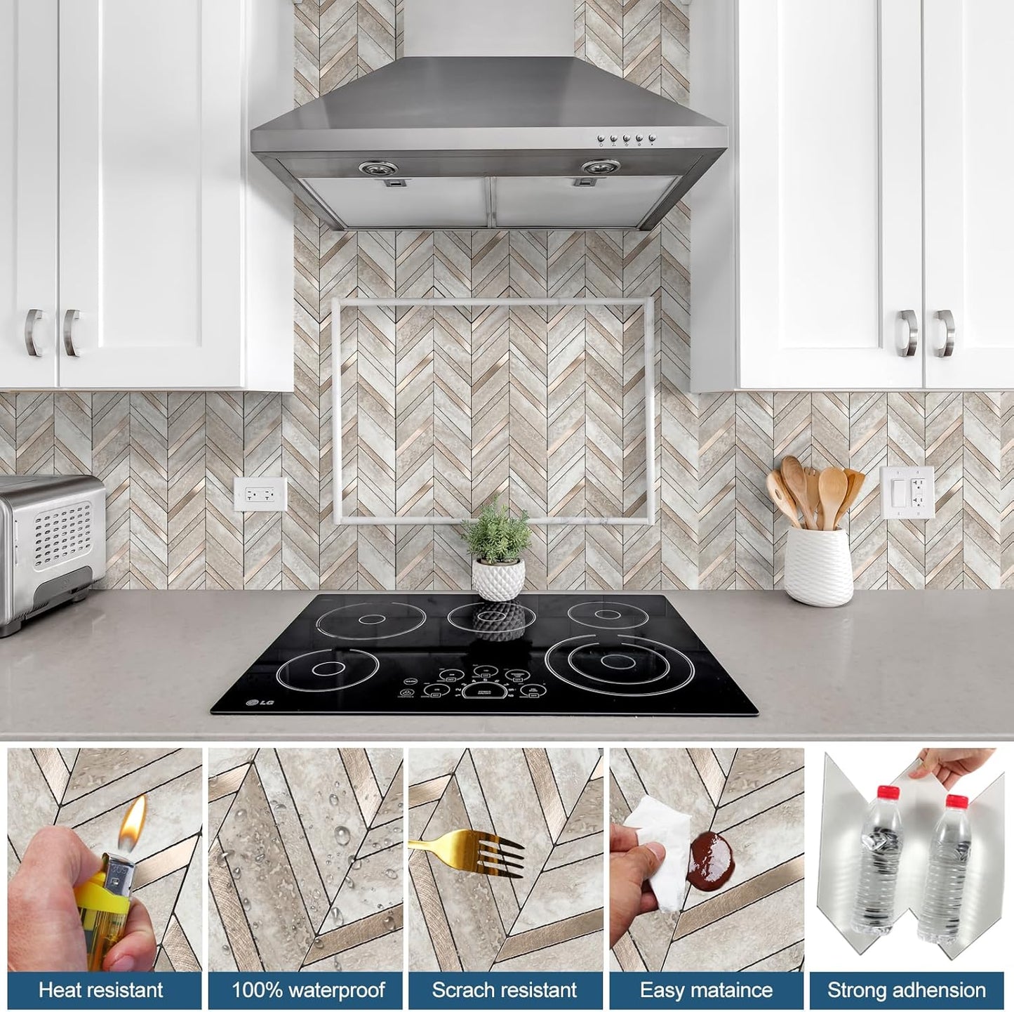 Yipscazo 10 Sheets Herringbone Backsplash Peel and Stick Tile, Marble Calacata Mixed Metal Gold PVC Stick on Backsplash for Kitchen, Waterproof Self Adhesive Wall Tile for Bathroom