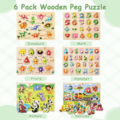 Montessori Wooden Peg Puzzles for Toddlers 2–4, 6 Pack Preschool Learning Toys – Alphabet, Numbers & Math, Animals, Dinosaurs, Fruits & Vehicles – Fine Motor Skills & Early Learning Set