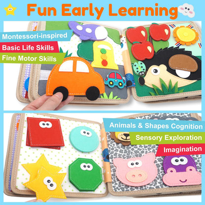 Felt Busy Book for Toddlers 1-3, Montessori Busy Board for 1 Year Old, Quiet Book Airplane Travel Toys, Sensory Early Learning Educational Toy, Road Trip Activity Books, Girls Birthday Gifts