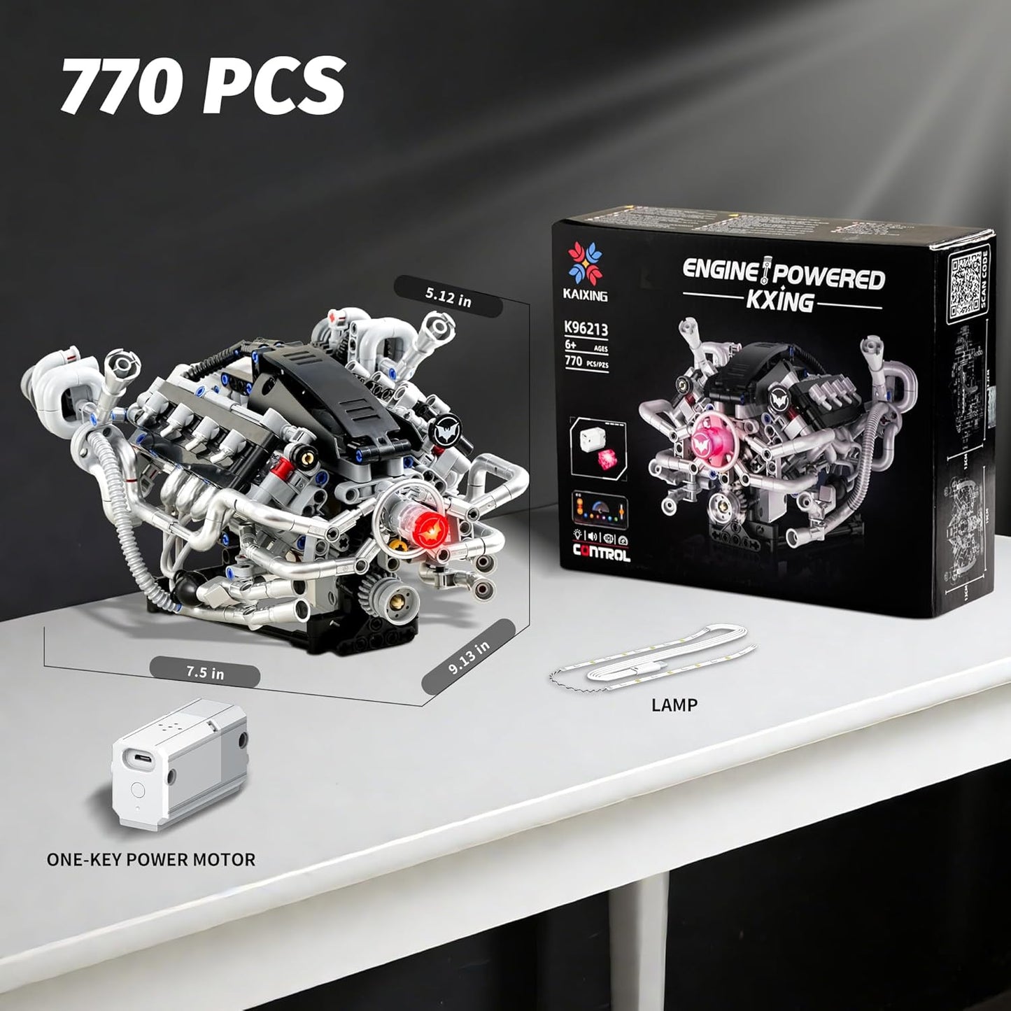 V8 Engine Model Kit that Runs,Visible Building Toys with APP Control, Motor & LED Light, Mini Engine kit for Adults & Boys Kids 14+ Years Old (770PCS)