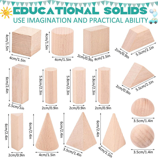 Syhood 15 Pcs 3D Shapes Geometric Solids Wooden Shapes Large Size Burlywood Color Geometric Blocks Set Montessori Learning Pattern Blocks Solid for Preschool Classroom Elementary Home School Supplies