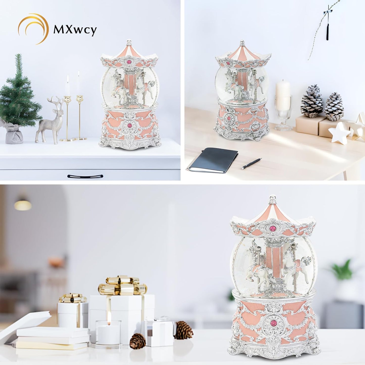 Carousel Music Box Gold & Ivory Christmas Snow Globes, 8.3" Rotate Carousel Snow Globe for Kids & Adults, Classic Wind up Musical Snow Globe Birthday Gifts for Women Girls, Carousel Horse Home Decor