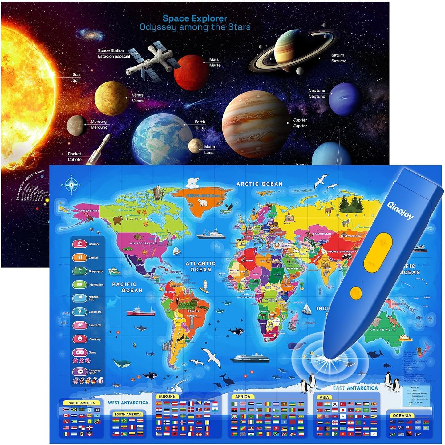 Qiaojoy Bilingual Interactive World Map for Kids Learning and Educational Toys, Talking Electronic Kids World Map i-Poster Geography Games Ages 3 to 12 Years Old, Custom Talking Birthday Gifts Card