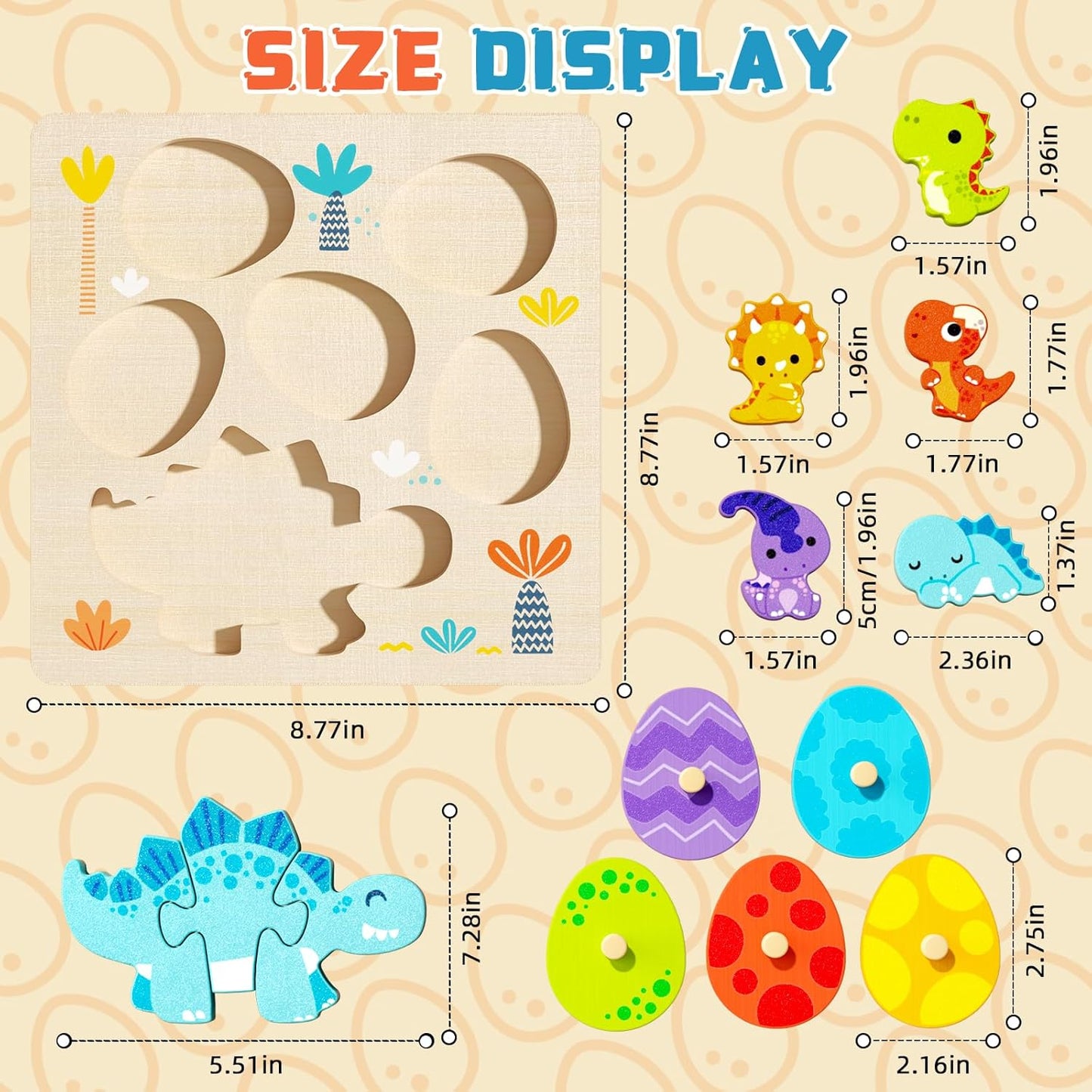 Wooden Toddler for Puzzle 2-4, Dinosaur Matching Eggs Peg Puzzles, Preschool Learning Educational Montessori Toys for 2 3 4 Year Old Boys Girls