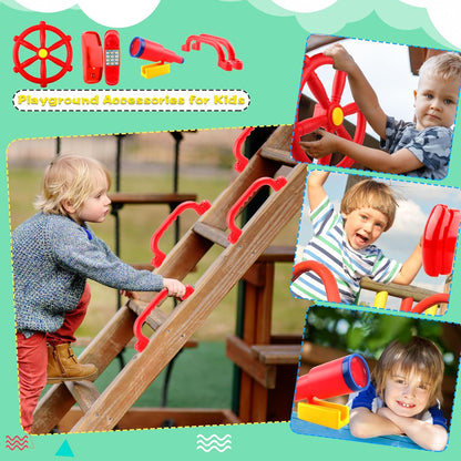 5 Pcs Kids Playground Accessories for Kids Outdoor Plastic Steering Wheel Swingset Phone Pirate Telescope Telephone Safety Handle for Child Backyard Tree House Playhouse Jungle Gym (Yellow Set 1)