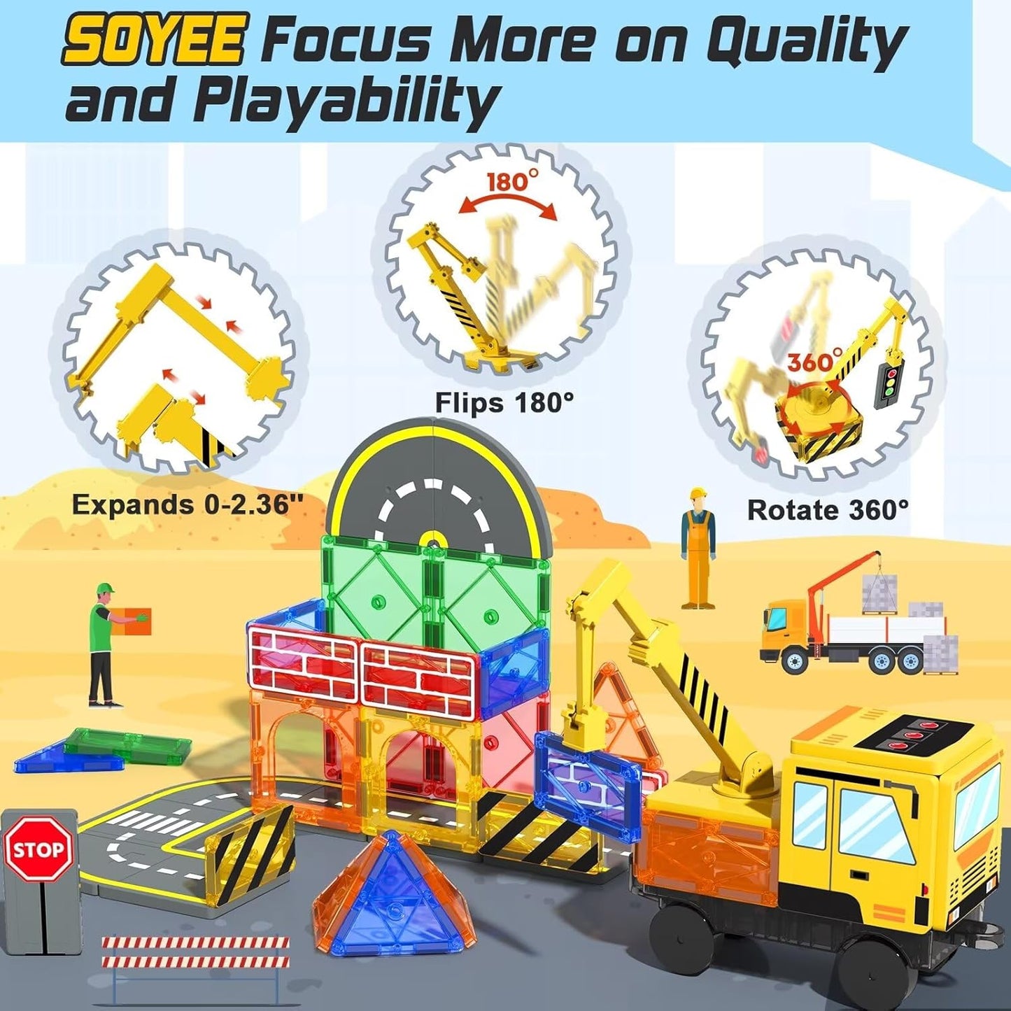 Soyee Magnetic Tiles Magnetic Construction Toys with 2 Cranes Boys Toys for Ages 3-5 5-7 Magnet Building Blocks Chritmas Gifts Boys Sensory Autism Montessori Toys Gift for 3+ Year Old