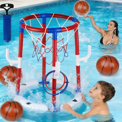 Taotuo Red Floating Pool Basketball Hoop, 2-in-1 Basketball & Ring Toss Game with 4 Balls, 6 Rings&Pump, Summer Pool Toys Outdoor Water Fun Family Party for Age 3-12