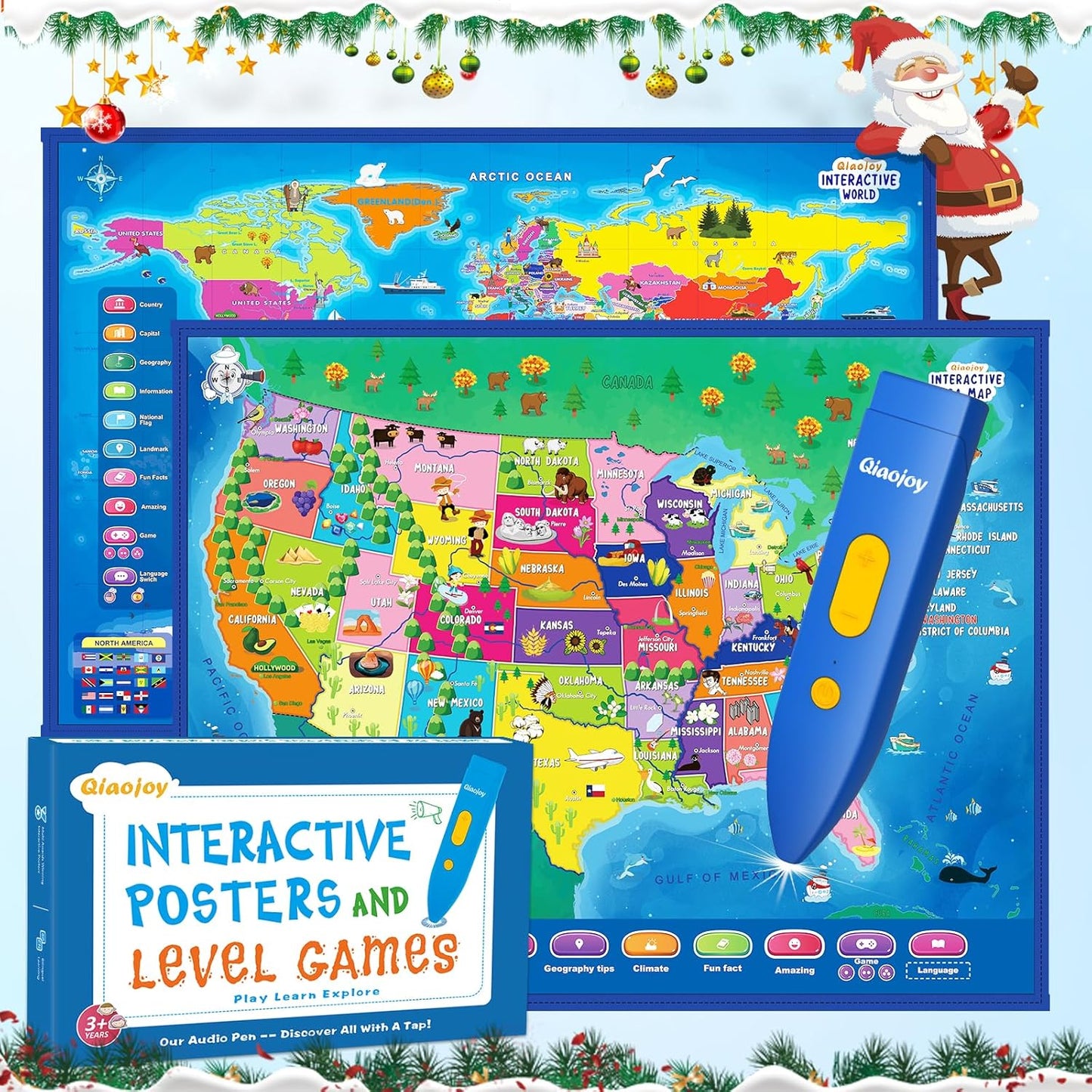 Qiaojoy Bilingual Interactive World Map for Kids Learning and Educational Toys, Talking Electronic Kids World Map i-Poster Geography Games Ages 3 to 12 Years Old, Custom Talking Birthday Gifts Card