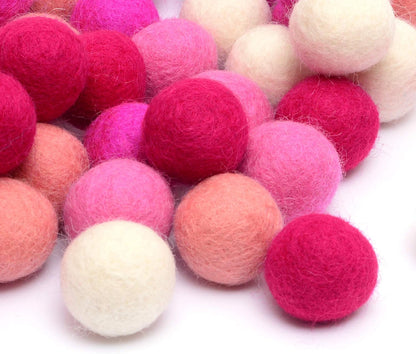 Glaciart One Wool Felt Balls (50 Pieces) 2.5 Centimeters - 1 Inch, Handmade Felted 5 Valentines Colors (Baby Pink, Medium Pink, Magenta and More) - Bulk Small Puff for Felting and Garland