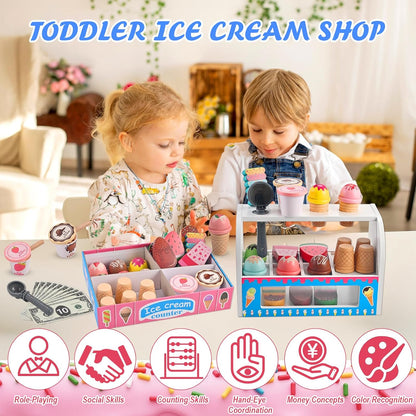 Ice Cream Play Set, Wooden Ice Cream Toy, Wooden Play Food, Ice Cream Shop Playset, Pretend Play Toys for Toddlers, Kitchen Toys Gift for Girls Boys 3 4 5 6 Year Old