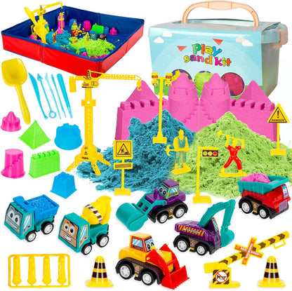 GarveeLife Kids Sand Kit, 43PCS Set w/Tools, 6 Construction Trucks & Castle Molds, Foldable Sand Box Storage Bin Tote, Toys for Boys Girls