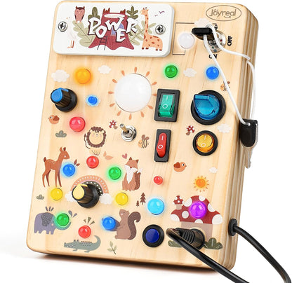 Joyreal Wooden Busy Board with LED Light, Montessori Toddler Toys, Wooden Sensory Board, Toddlers Activity Travel Toys for Boy & Girl Birthday Gift (Farm Theme)