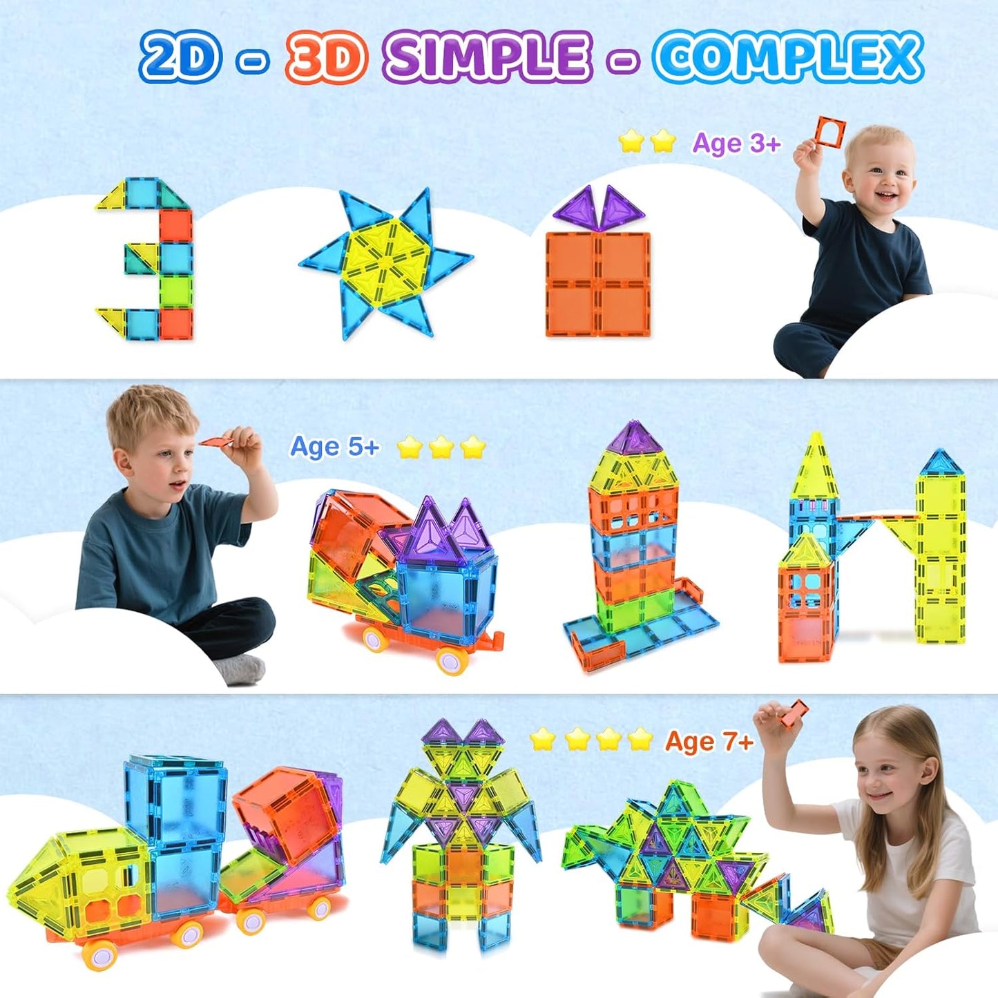 Magnetic Tiles 125PCS Magnetic Building Blocks Set 3D Magnet Tiles with 2 Cars STEM Educational Learning Construction Toys Kids Birthday Gifts for Preschool Toddler Boys Girls 3 4 5 6 7 8 9 + Year Old