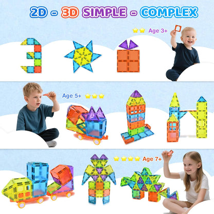 Magnetic Tiles 125PCS Magnetic Building Blocks Set 3D Magnet Tiles with 2 Cars STEM Educational Learning Construction Toys Kids Birthday Gifts for Preschool Toddler Boys Girls 3 4 5 6 7 8 9 + Year Old