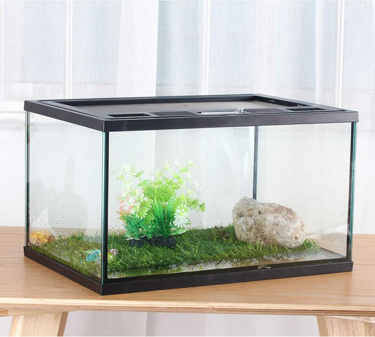 crapelles Frogs Glass Terrarium Feeding kit Tank, 15.7×11×9 inches, for Reptile Amphibians, Insect, Horned Frogs, Waterweed Prairie Style Habitat, with Green Artificial Turf Pad, Natural Volcanic Rock