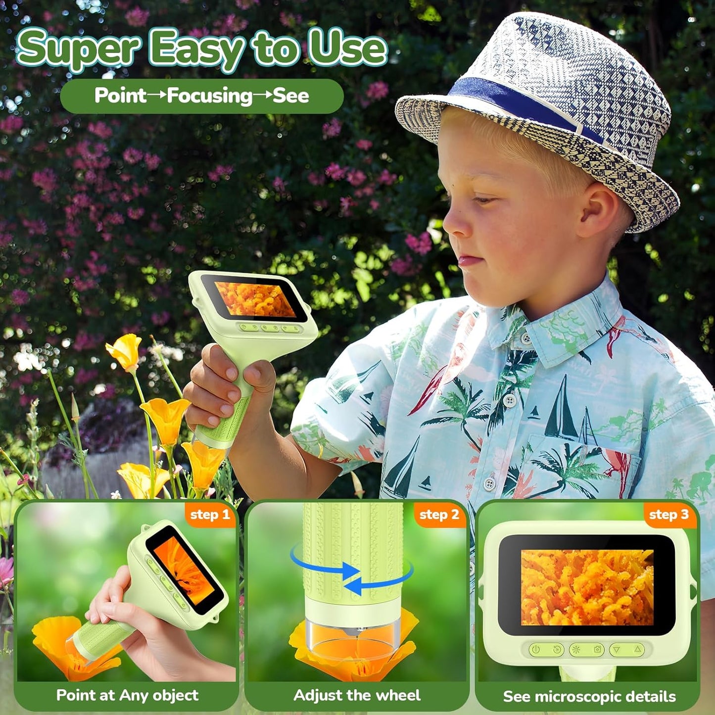 3.0" Screen Digital Microscope for Kids: 1000X Rechargeable Mini Pocket Portable Miniscope Magnifying Glass 4K Coin Jewelry Loupe Edu Science STEM Toy Xmas Gift 4-12 Boys Girls