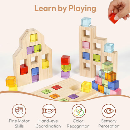 Woodtoe Wooden Building Blocks Set for Kids, 36 PCS Rainbow Acrylic Gem Blocks - 3 Wood House, Montessori Stacking Toy for Toddlers, Educational STEM Birthday Creative Toy Gift for Boys Girls 3-6